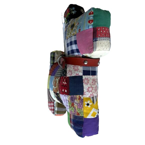Vintage 1950s Handmade Patchwork Quilt Scottie Dog w Collar Pillow 14X14 Stuffie - Picture 9 of 10